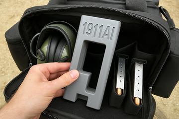 1911AI aligning insert in range bag with other shooting accessories