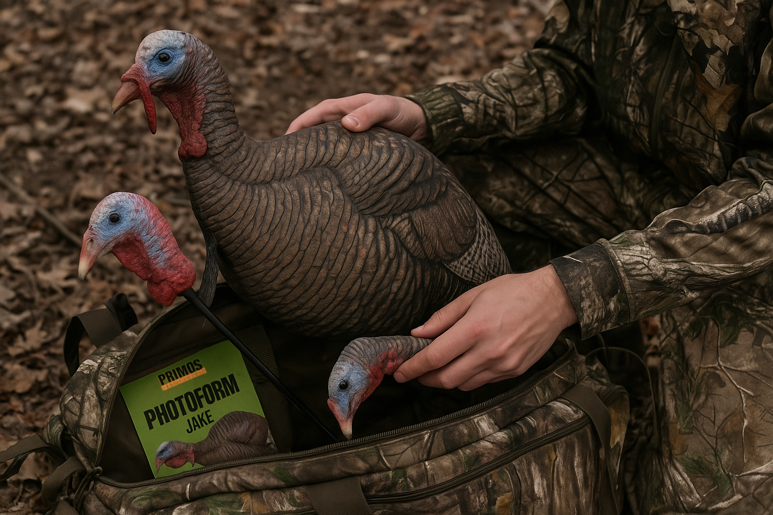 Hunter unpacking and setting up the Primos Jake Turkey Decoy