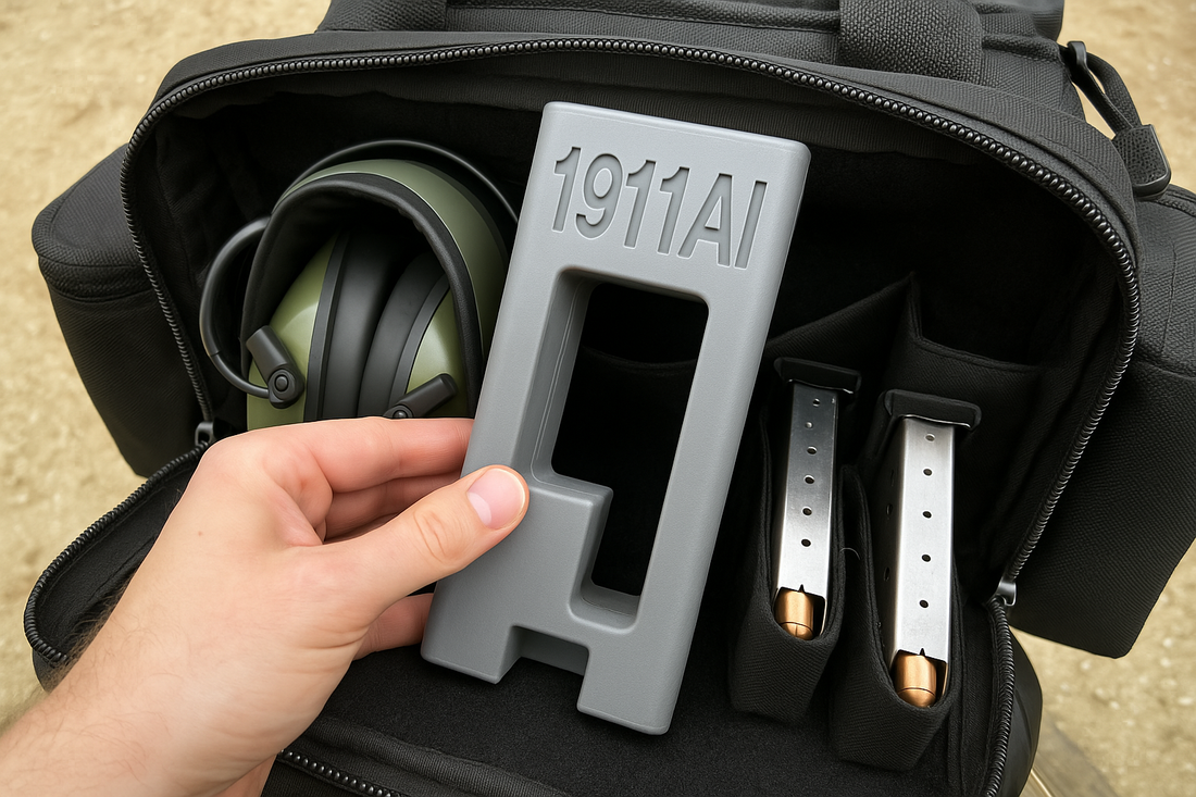 1911AI aligning insert in range bag with other shooting accessories