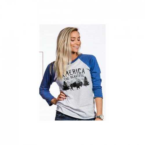 WOMEN\'S AMERICA THE BEAUTIFUL BASEBALL TEE - WHITE/BLUE SLEEVES, 2X-LARGE