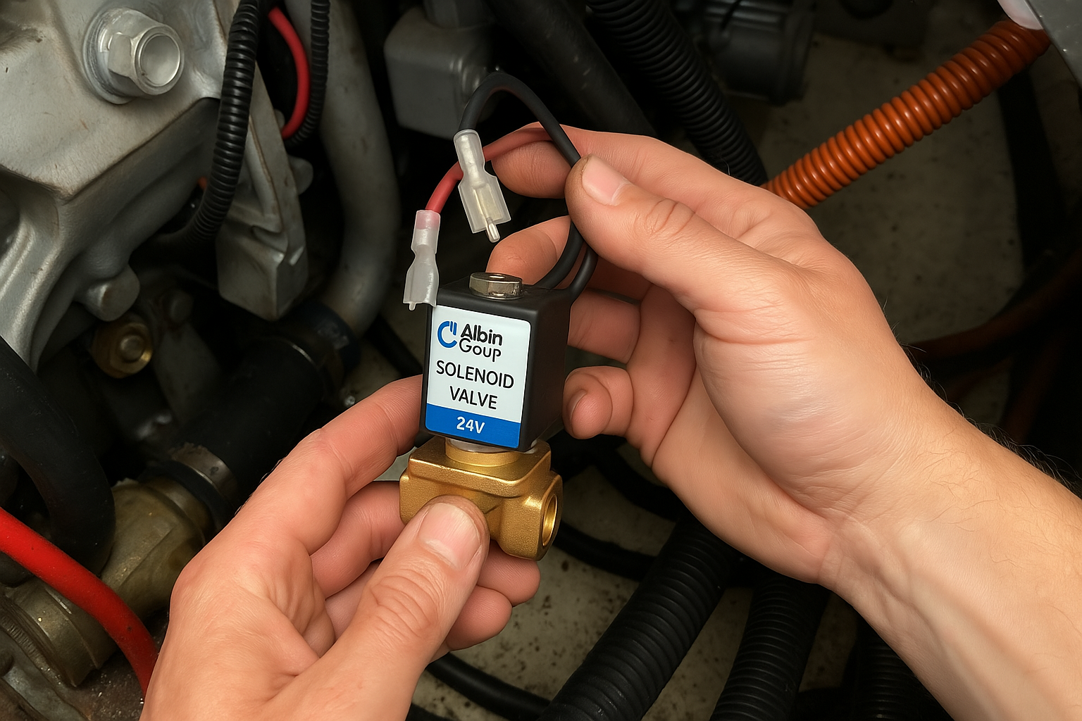 Albin Group Marine Solenoid Valve 24V being installed in boat engine compartment