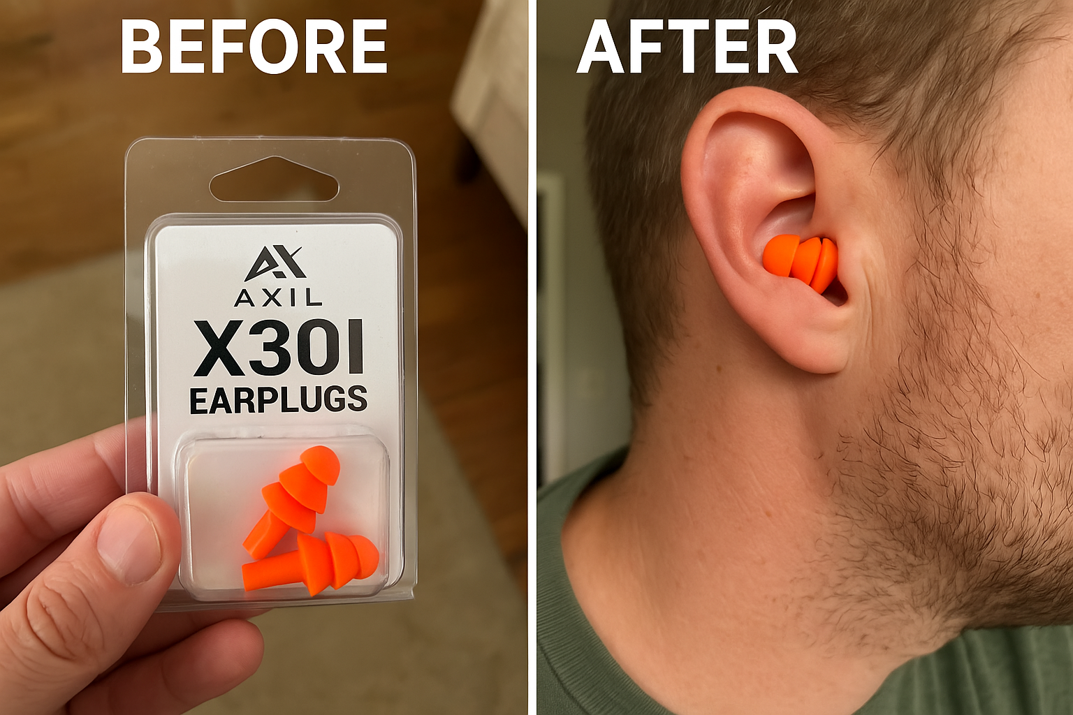 Before and after comparison of AXIL X30I earplugs