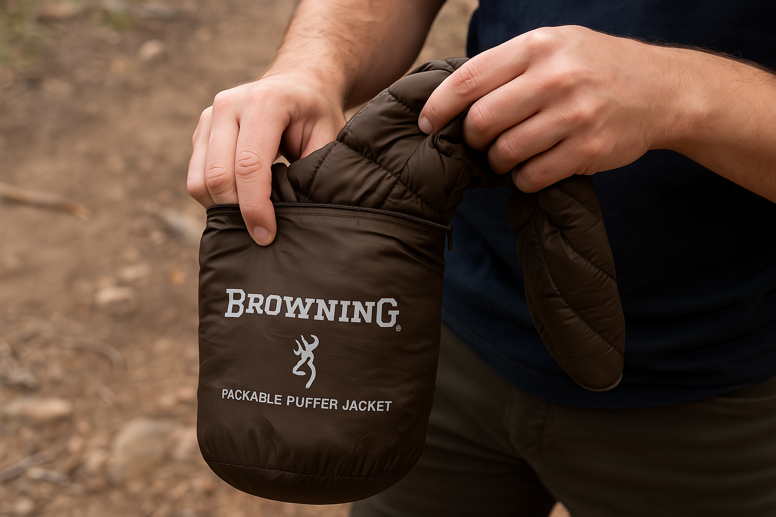 Browning Packable Puffer Jacket being packed into storage pouch