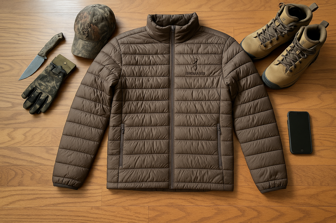 Browning Packable Puffer Jacket Major Brown laid out with outdoor gear