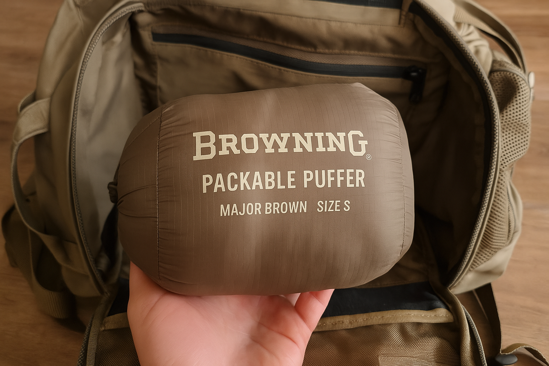Browning Packable Puffer Jacket Major Brown laid out with outdoor gear