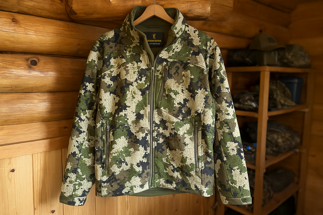 Browning Pahvant Pro Jacket Ovix Camo hanging in hunting cabin