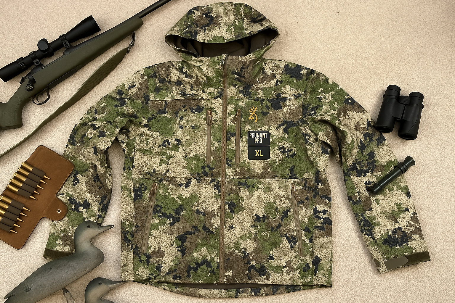 Browning Pahvant Pro Jacket Ovix Camo XL laid out with hunting gear
