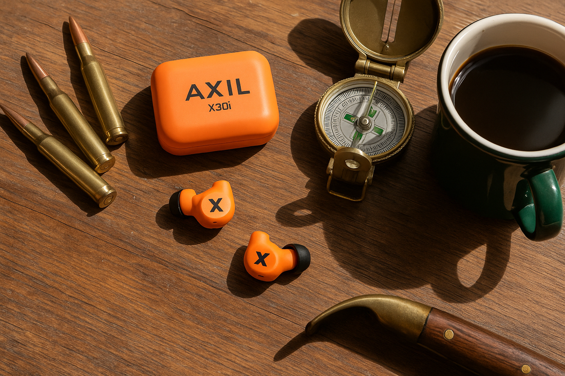 Flat lay of AXIL X30I earplugs with hunting accessories