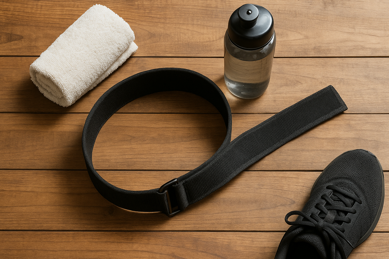 Flat lay product photo with gym accessories