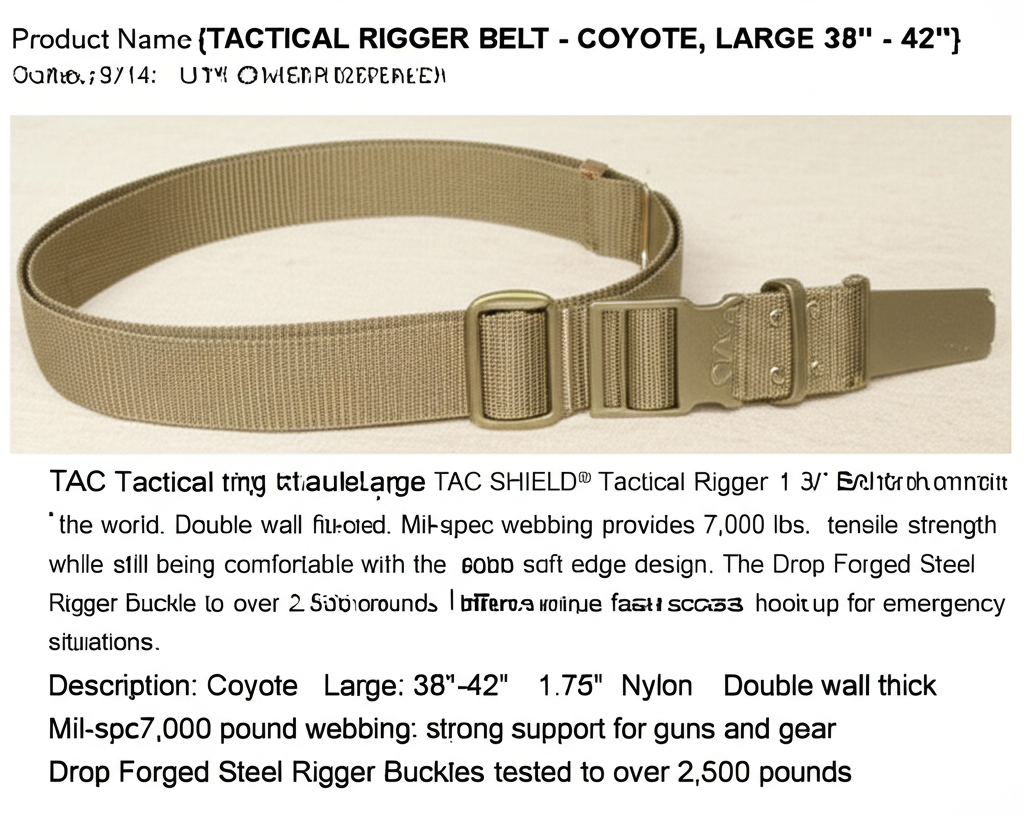 AI generated image for TACTICAL RIGGER BELT - COYOTE, LARGE 38\" - 42\"