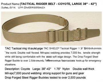 AI generated image for TACTICAL RIGGER BELT - COYOTE, LARGE 38\" - 42\"