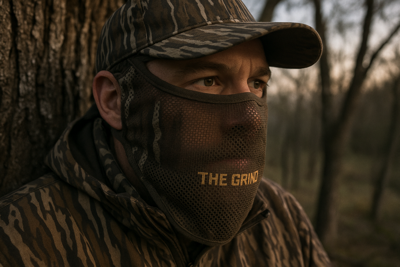 Outdoor hunting scene with face mask
