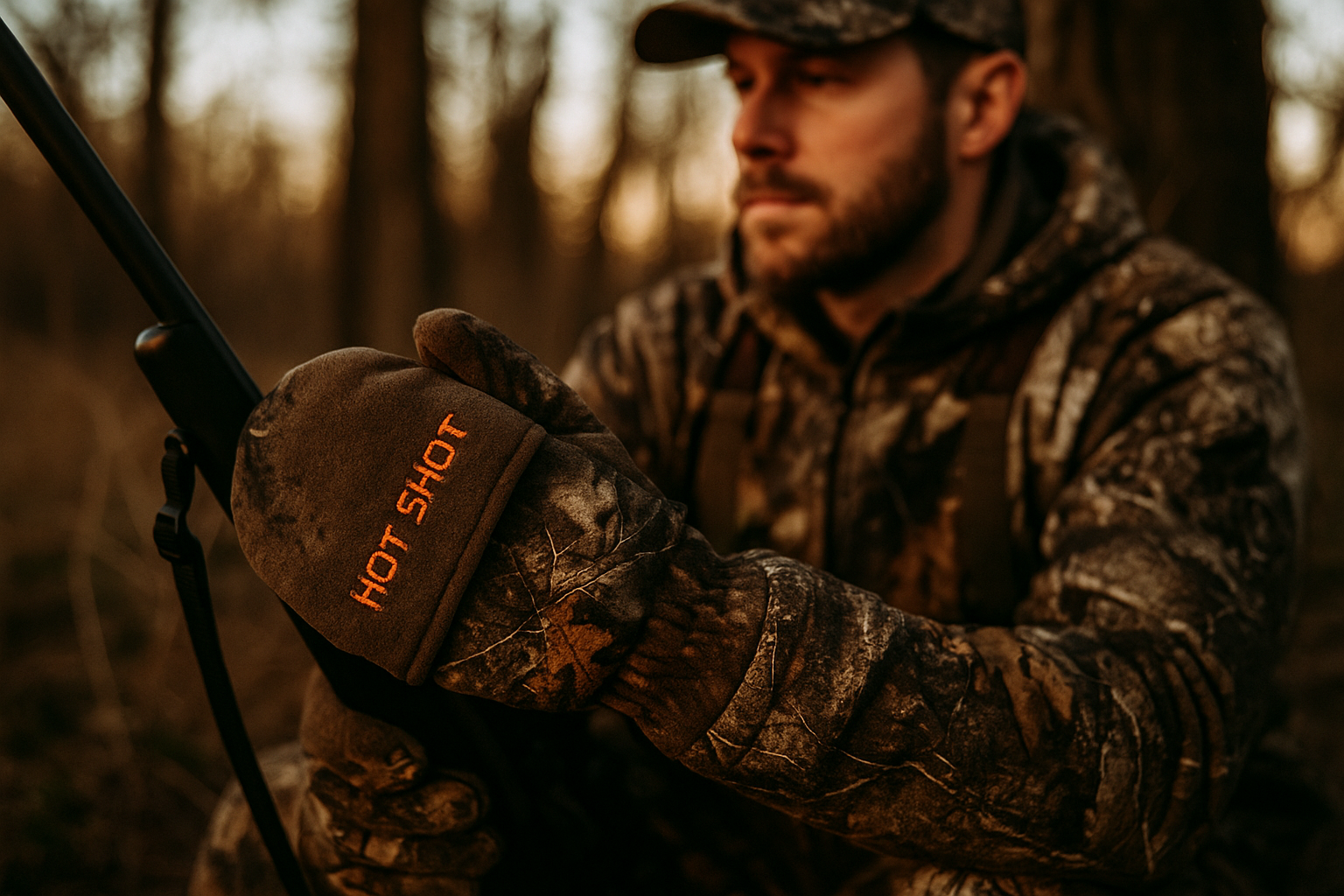 Outdoor hunting scene with mittens