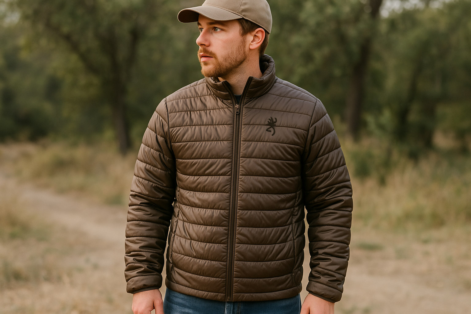 Person wearing Browning Packable Puffer Jacket Major Brown outdoors