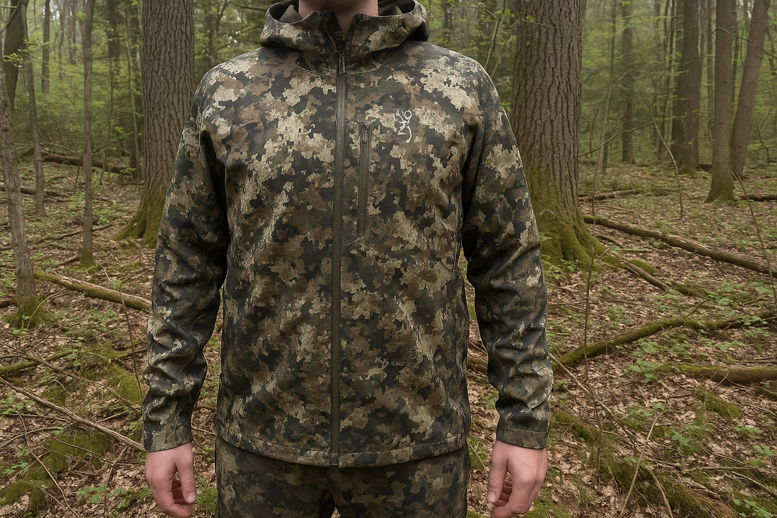 Browning Pahvant Pro Jacket Ovix Camo hanging in hunting cabin