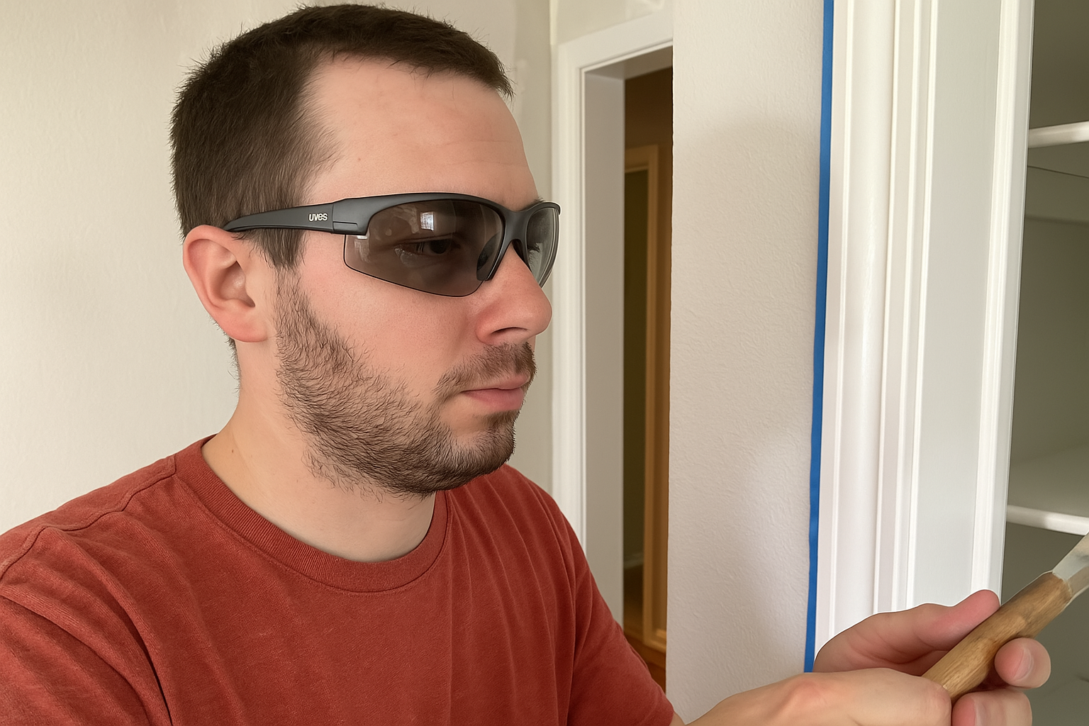 Person wearing UVEX XV108 safety glasses during DIY home project