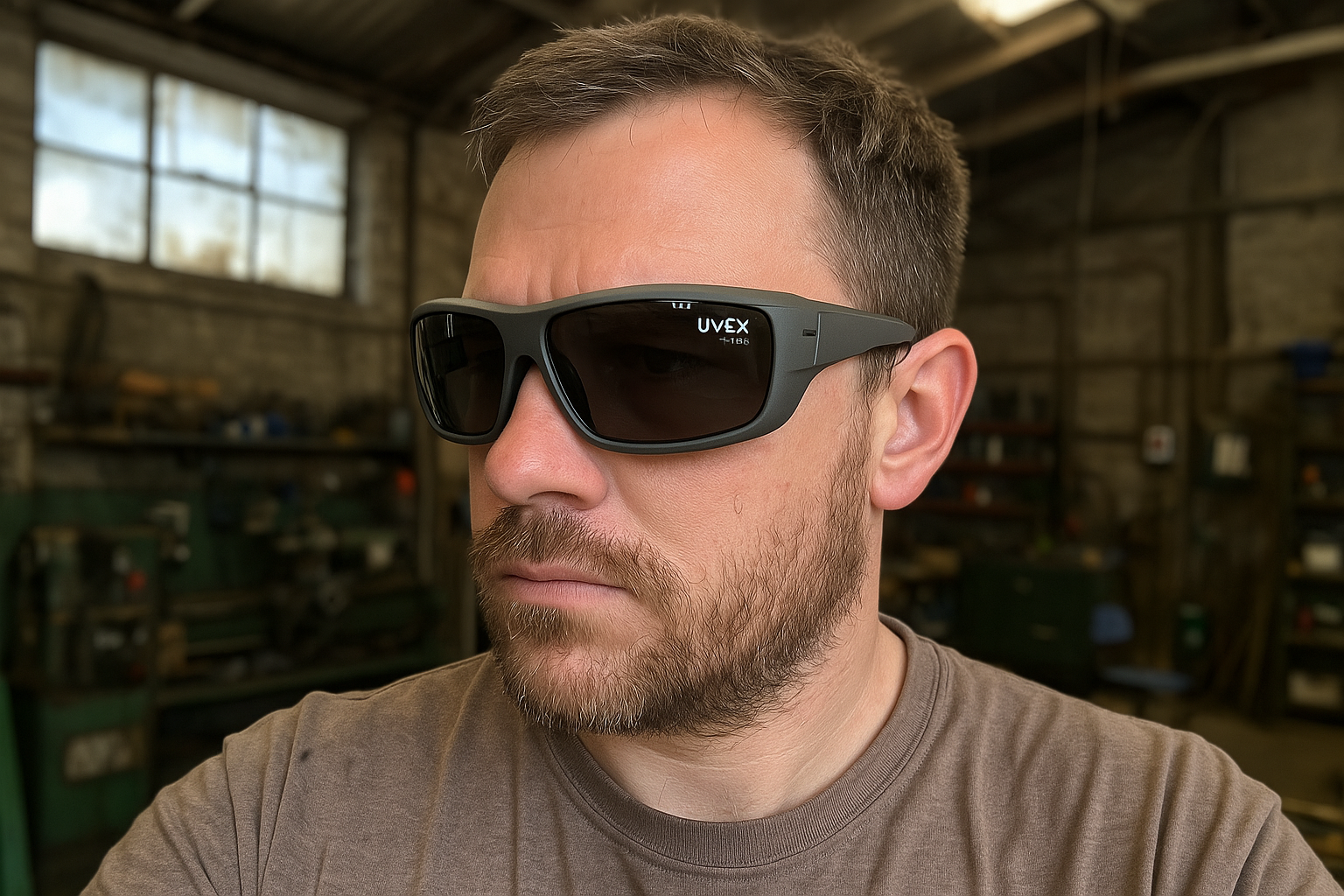 Person wearing UVEX XV108 safety glasses in workshop setting