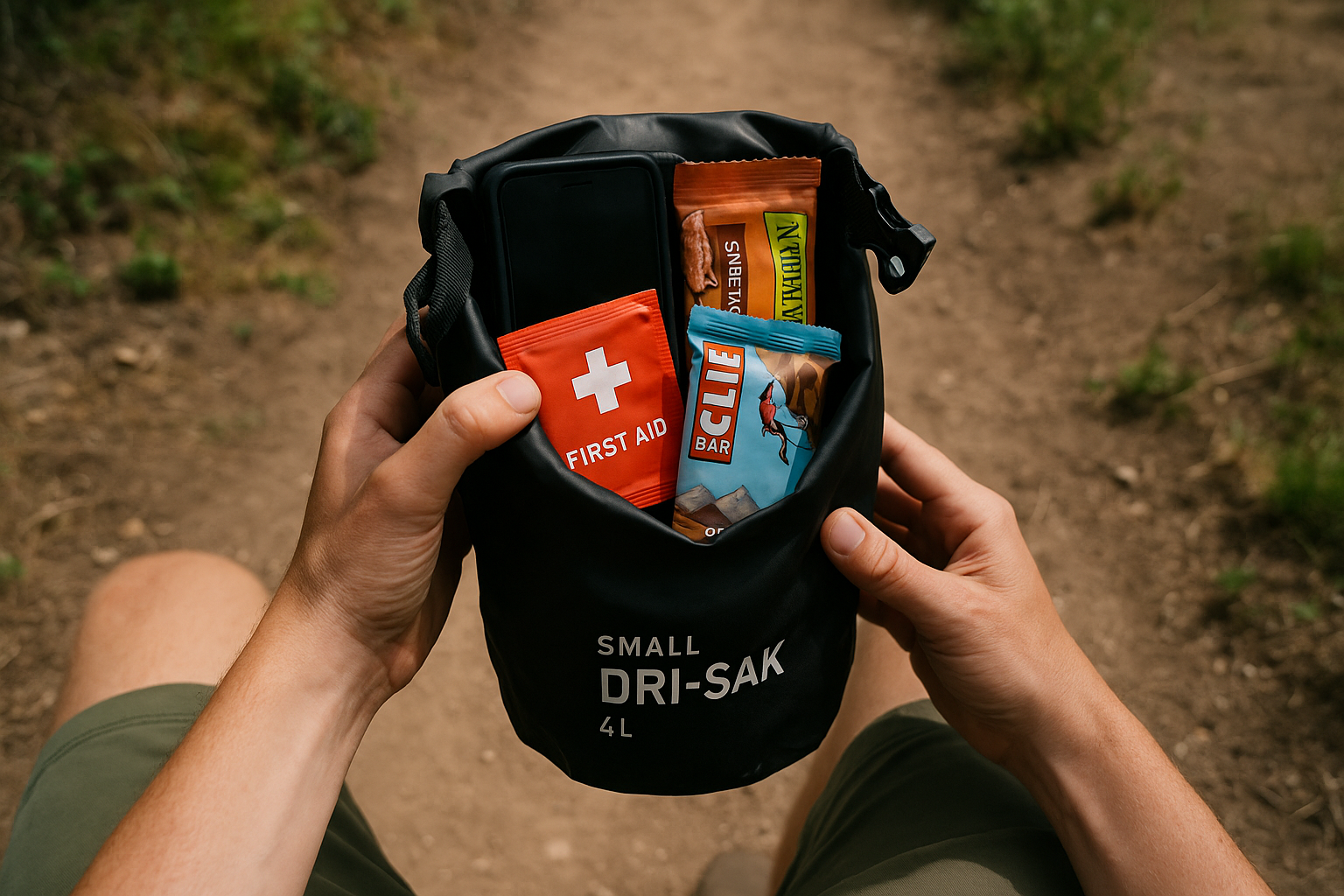 SMALL DRI-SAK black 4L packed with hiking essentials on trail