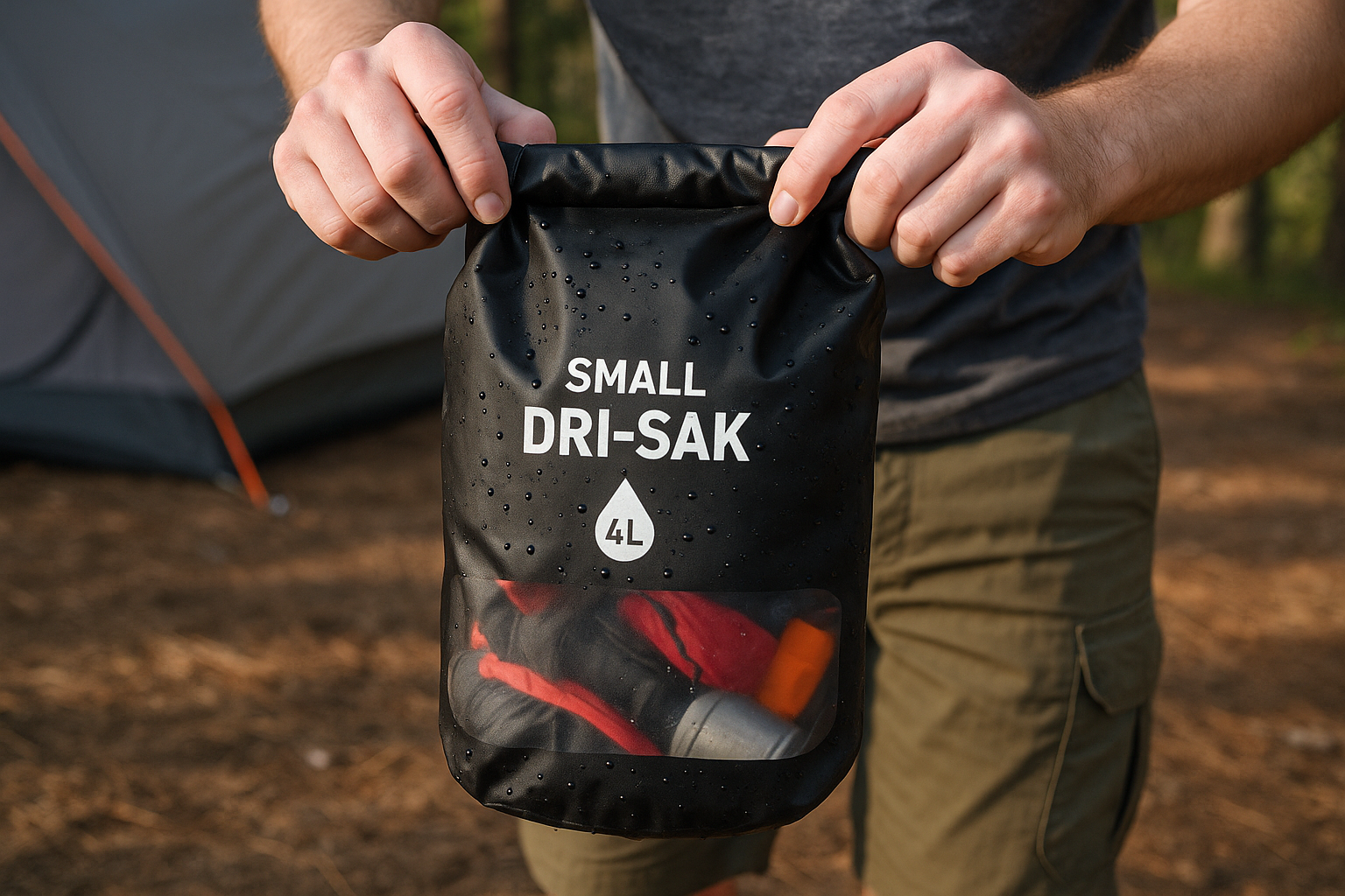 SMALL DRI-SAK black 4L with camping gear showing roll-top closure