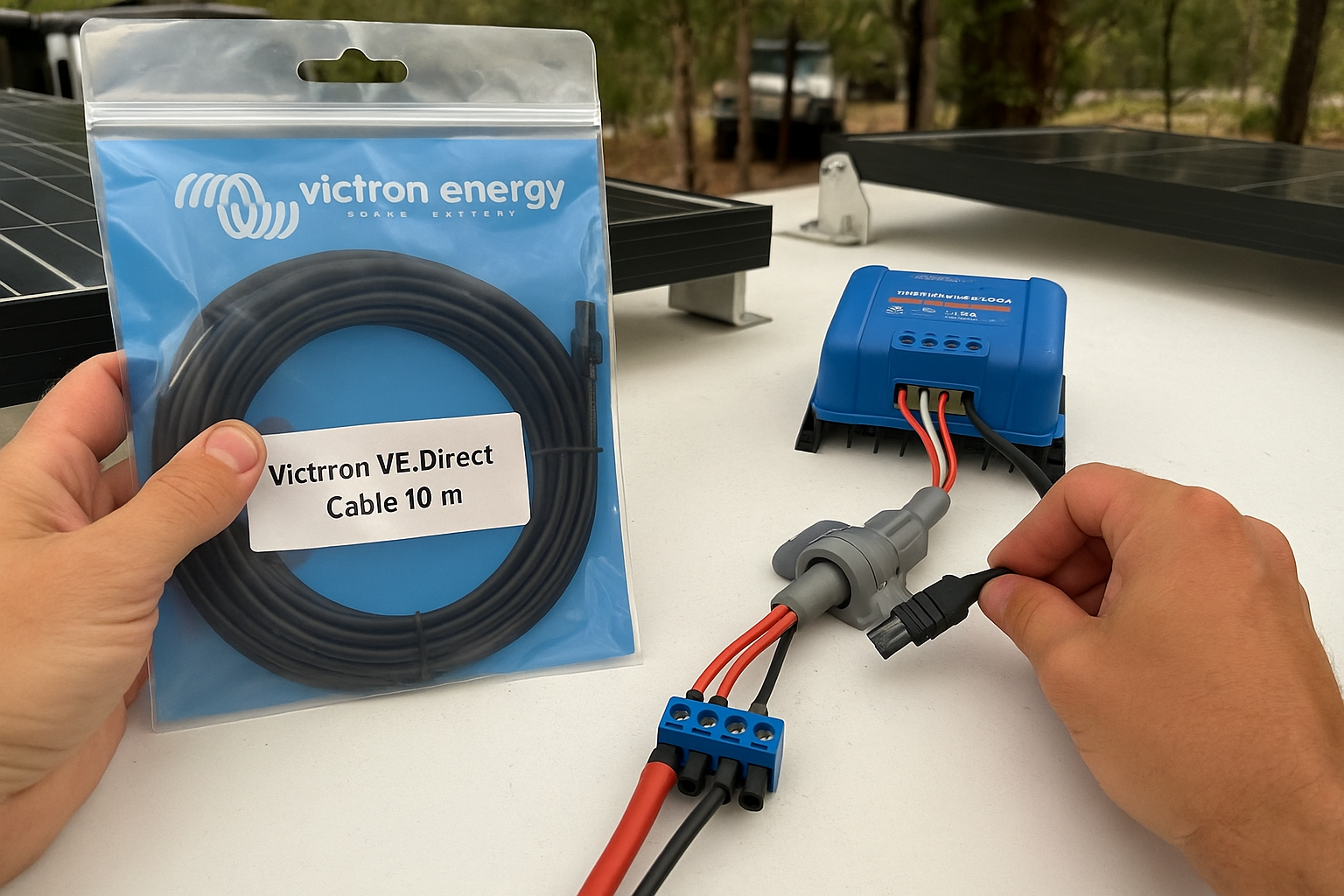 User installing Victron VE Direct Cable in solar setup