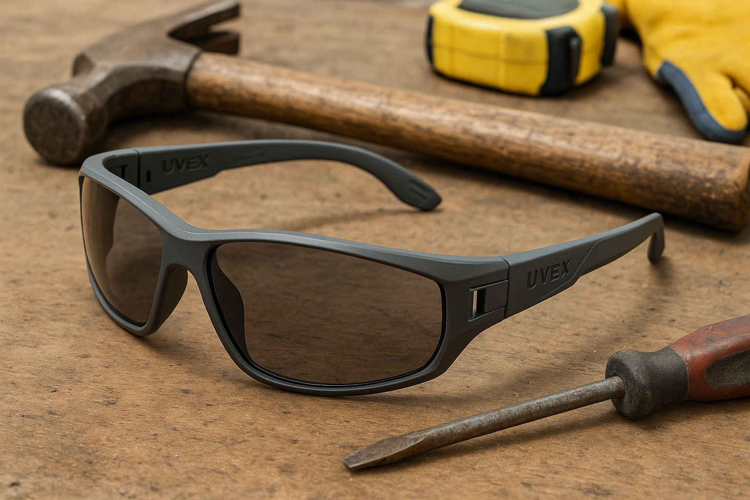 UVEX XV108 safety glasses with work tools on workbench