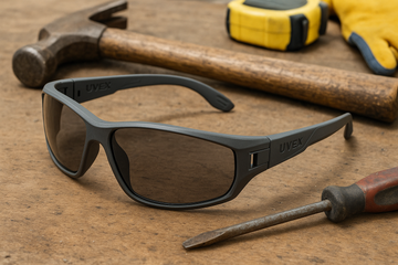 UVEX XV108 safety glasses with work tools on workbench