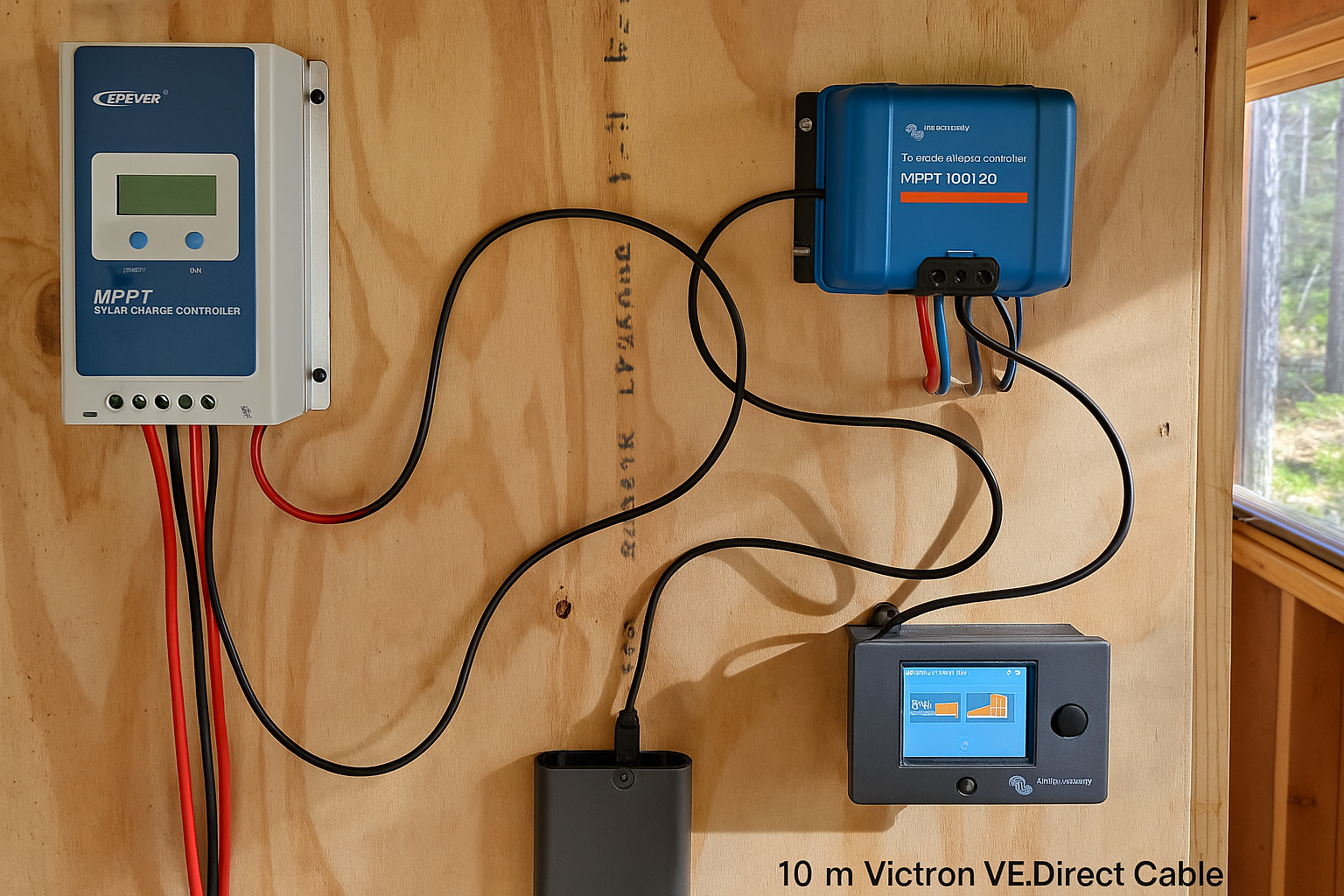 Victron VE Direct Cable connected in off-grid cabin setup