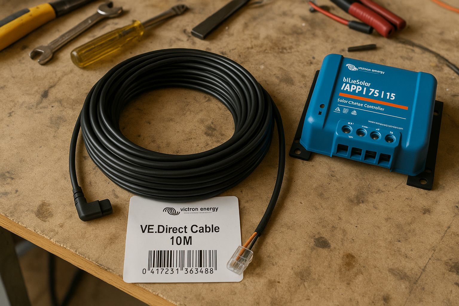 Victron VE Direct Cable on workbench with solar equipment